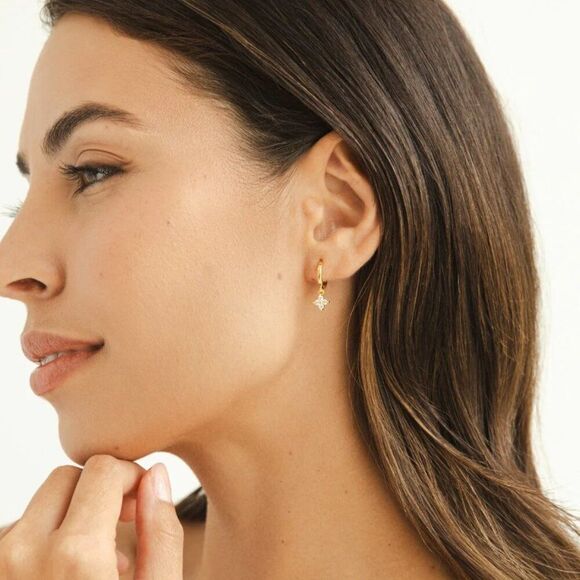 Dainty Crystal Flower Charm Hoop Earrings in Gold - Picture 5 of 13